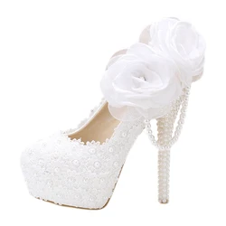 White Lace Floral Bridal Shoes Female Sandals Pearl Womens Block Heel for Ladies