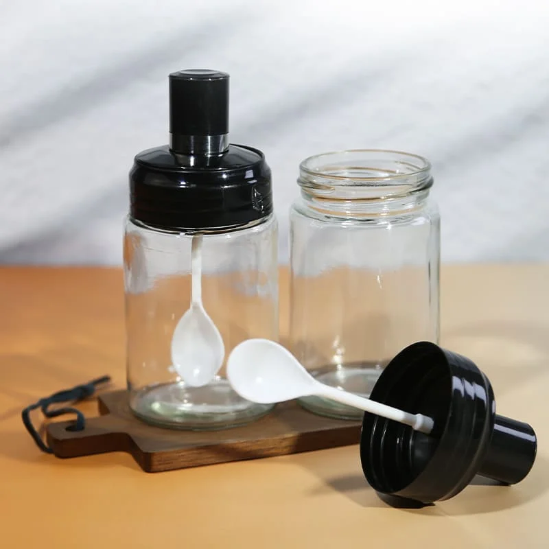 Functional Glass Seasoning Shaker with Spoon for Kitchen and Barbecue