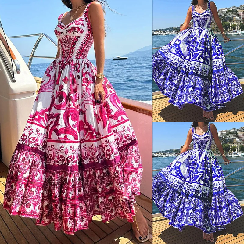 Sleeveless Print A-Line Dress Summer Simple High Waist Maxi Dress Ladies Elegant Dresses Clothes Women Wholesale