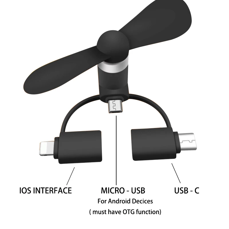 Бесплатный образец портативный 3 в 1 охлаждающий мини-вентилятор USB вентилятор сотового телефона для Iphone Android Тип C