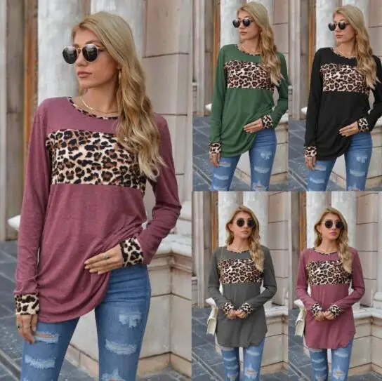 Оптовая продажа, Лоскутная Свободная блузка, Весенняя женская Повседневная Блузка с длинным рукавом, женский леопардовый топ с круглым воротником
