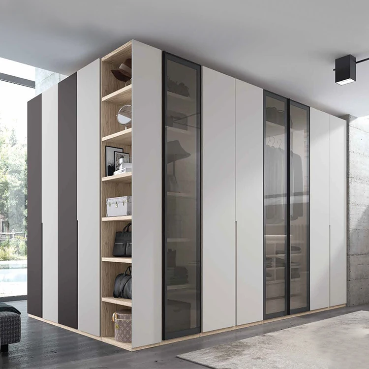 Cheap price custom made white wood storage cabinet wardrobes furniture design modern bedroom glass door wardrobe