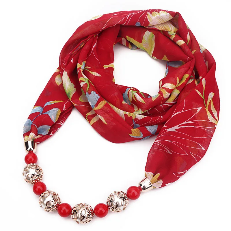TMF-8R062   Fashionable flower and leaf pattern chiffon scarf for women, luxurious pearl pendant scarf necklace