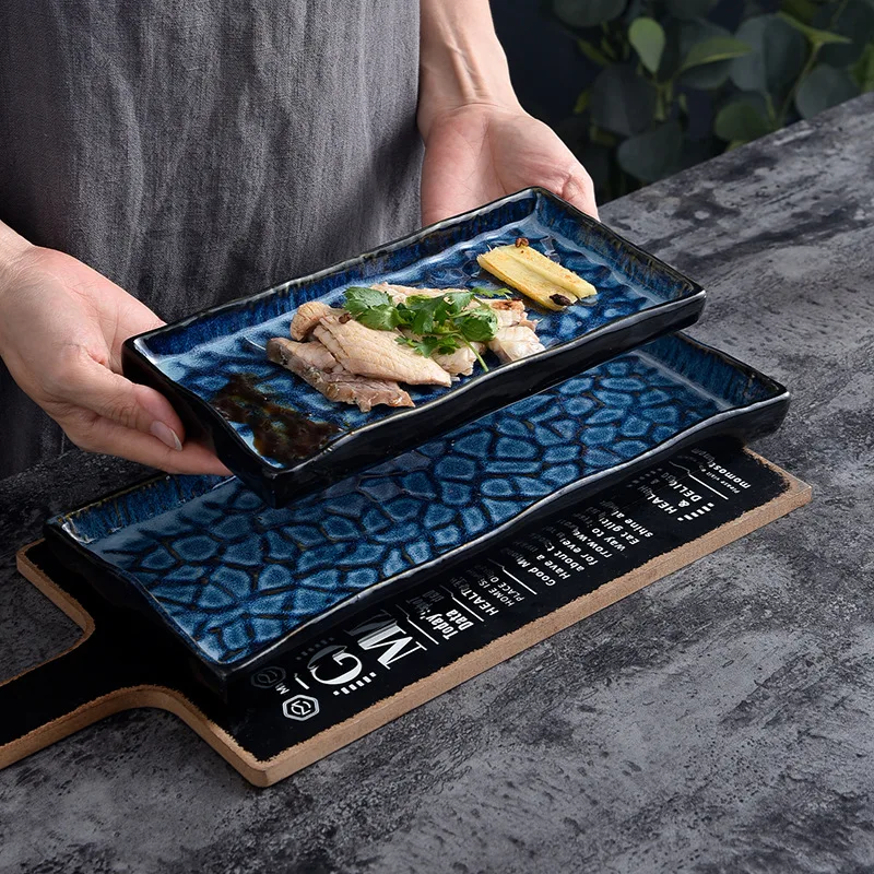 Wholesale luxury new products, blue relief plates, modern design ceramic kiln turned ceramic tableware