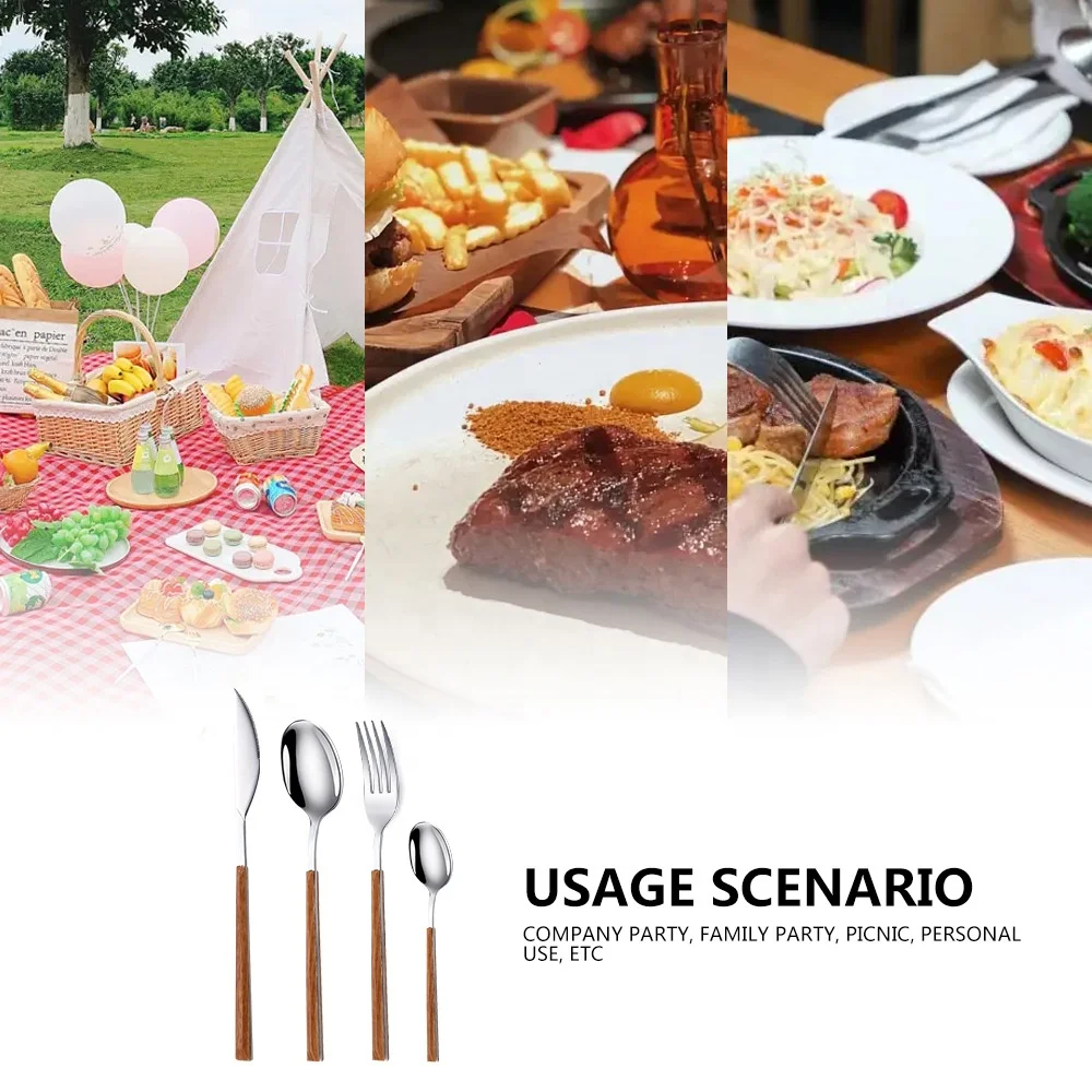 Japanese-style stainless steel tableware with handle of wood grain steak knife, fork and spoon  gift box  16 sets