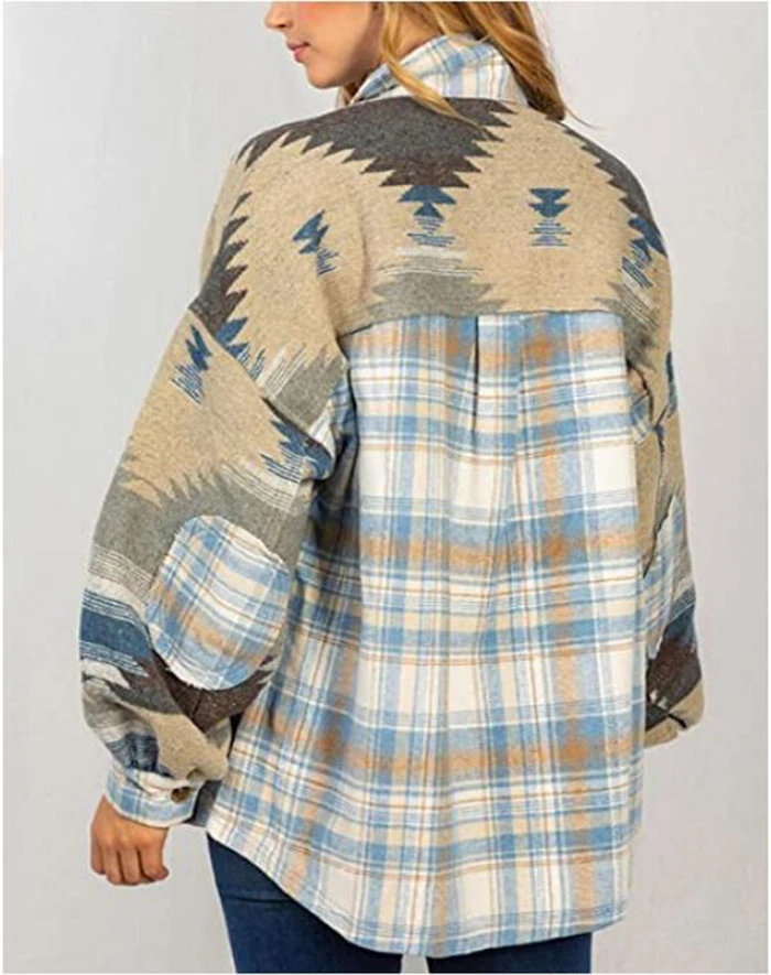 Women Fashion Button Pocket Woolen Coat Stylish Western Ethic Aztec Print Plaid Patchwork Jacket