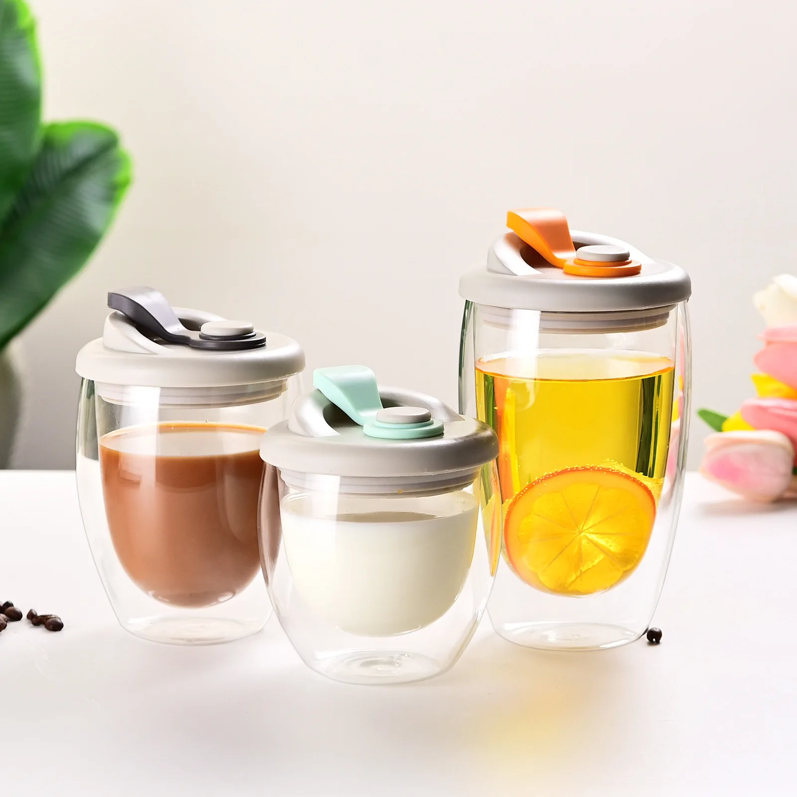 250ml 350ml 450ml Double Wall Glass Cup Heat Insulated Milk Glass Coffee Cup with Lid Juice Glass Egg Cup Tumbler