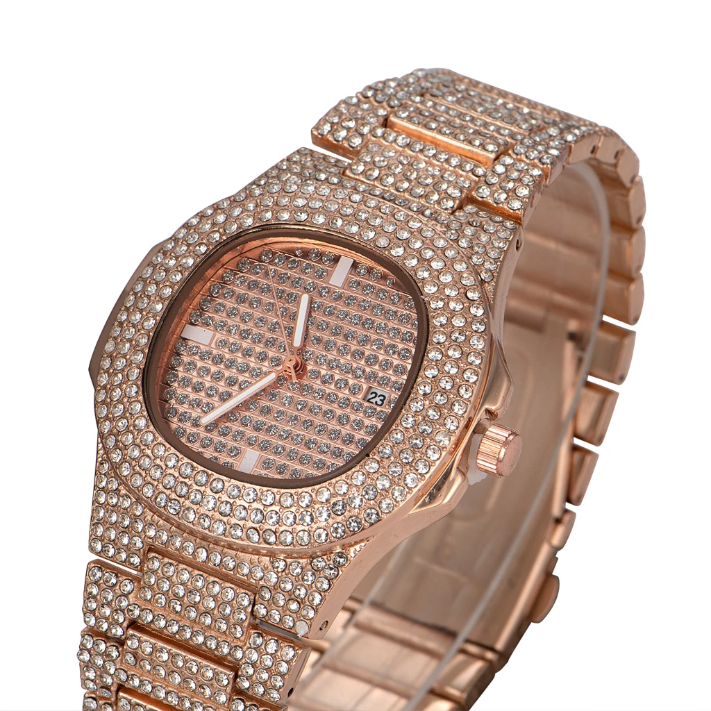  2021 Hip Hop Jewelry 18K Gold Plated Micro CZ Diamond Stainless Steel Roman Watches Luxury Men