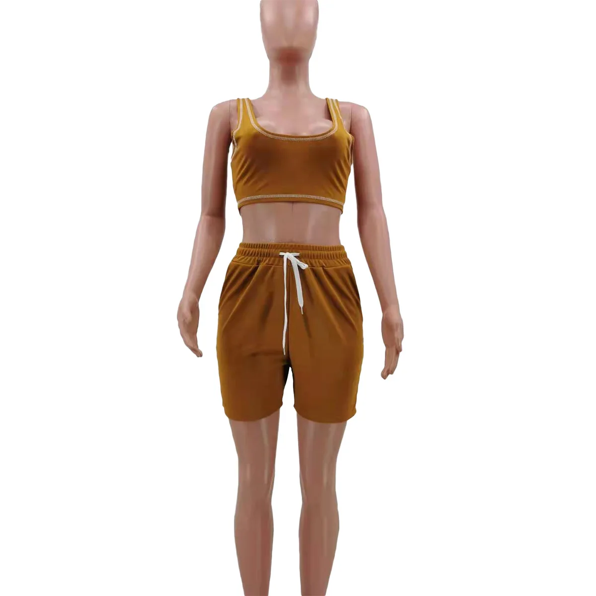 W-S955A Summer Casual Women Two Piece Set Sleeveless Solid Color Vest Pocket Shorts Sets Leisure Sports Jogging Biker Outfits