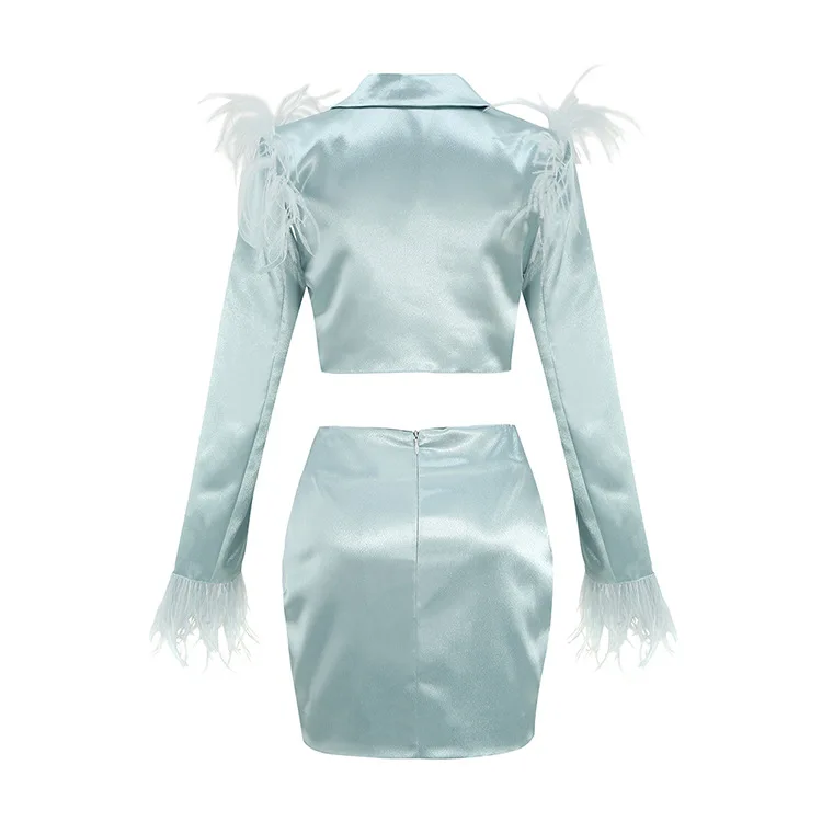 2022 High Quality Mini Skirt Suit Satin Feather Long Sleeve Lapel Two Piece Set Women Blazer Set