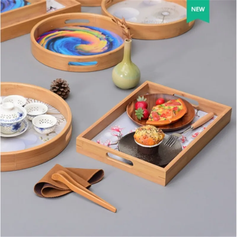 Wholesale Nordic Bamboo Tray Rectangular Tea Tray with Hand Painted Color Plates wooden serving tray