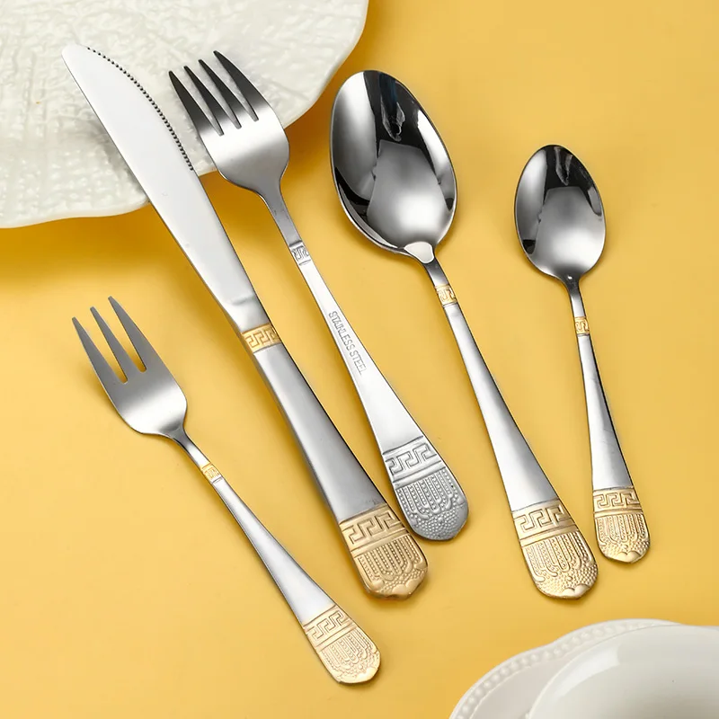 Stainless Steel Vintage Gold Plated Cutlery Set Western Dinner Knife Fork Spoon for Hotels Stocked Steak Knife Fork Dinnerware