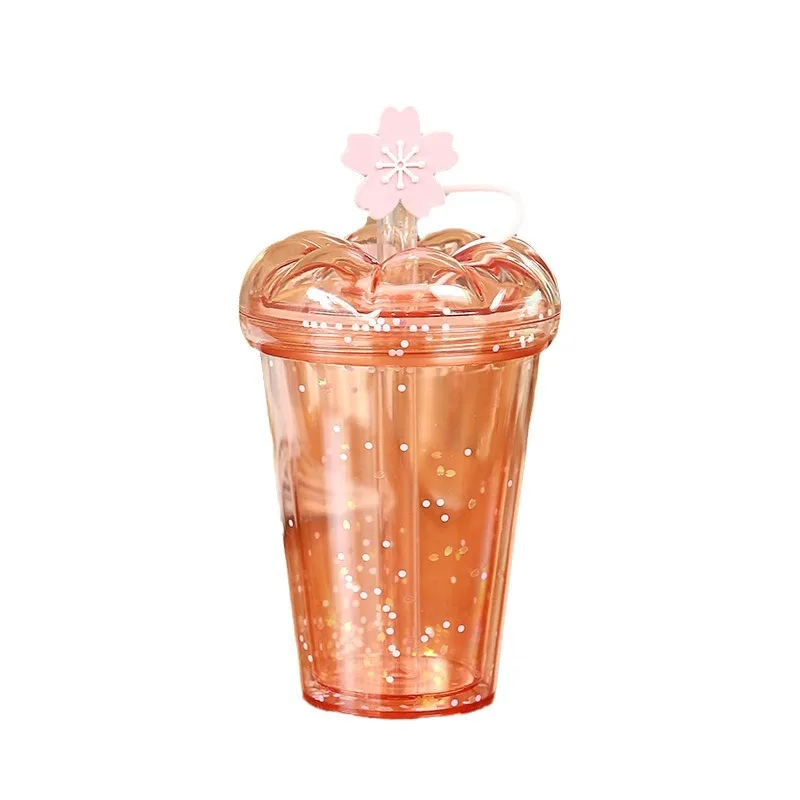 Cherry blossom straw cup petal lid straw cup Plastic outdoor portable milk tea straw cup