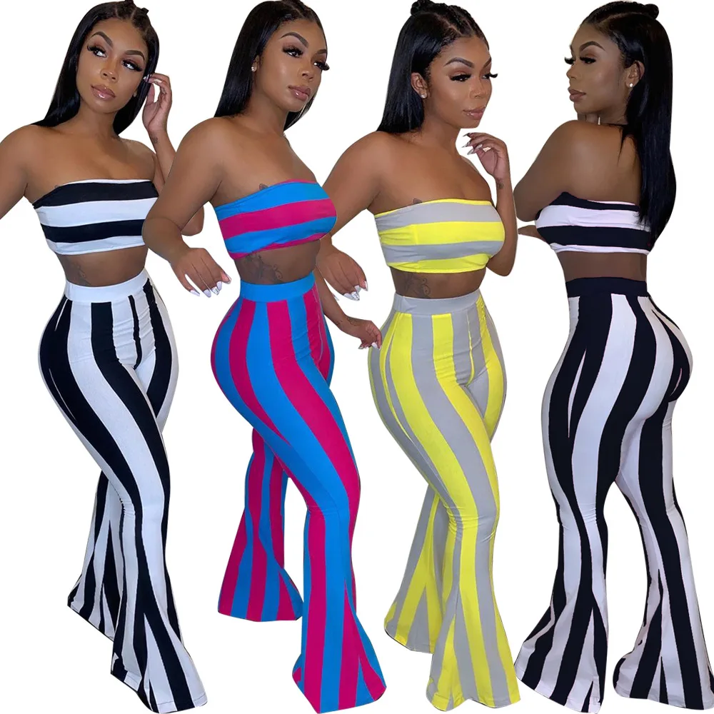 2022 New Arrival 2 Piece Set Women Off Shoulder Wrap Chest Flared Pants Patchwork Colorful Striped Suit For Women