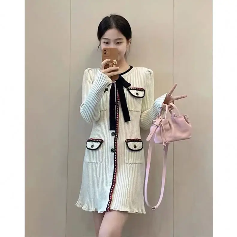BetterGirl Delicacy Vintage French Style Beads Button Lady 2023 Long Sleeve Bow Tie Women Skinny Knit Mini Dress