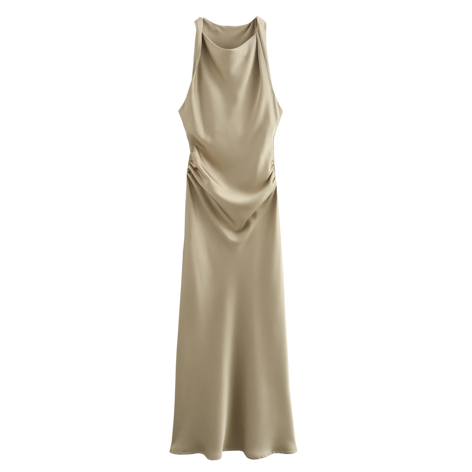 9 colorway pleated solid color sleeveless silky casual fashion summer long satin dress for ladies