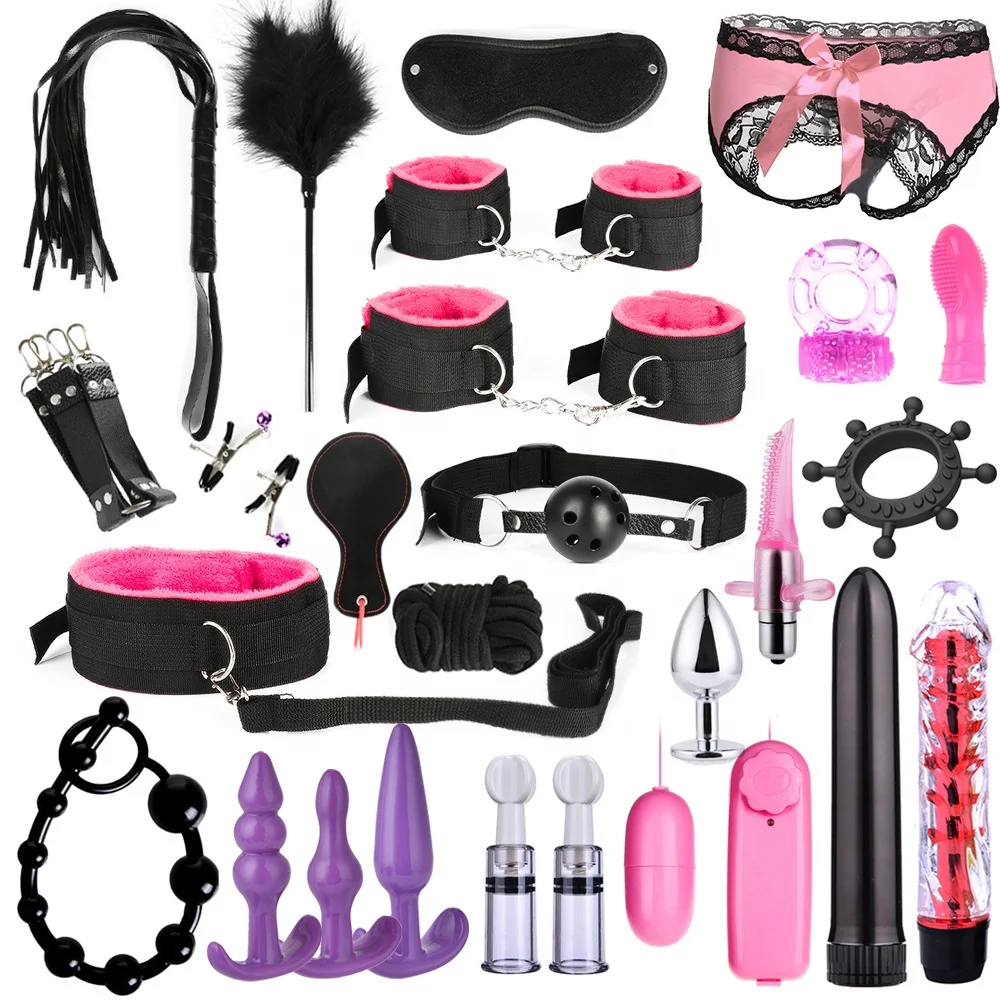 Amazon Hot Selling 26pcs Sexy Lingerie Beads Condoms Nipple Clamps Handcuffs Whip Rope Anal Vibrator Bondage Kits Set for Couple
