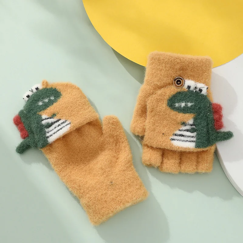 Fashion Half Finger Knit Mittens Cartoon Animal Children Thermal Winter Knitted Kids Gloves