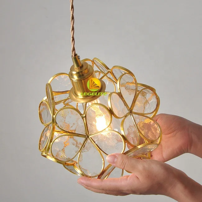 Pink Blue Japanese Luxury Brass Copper Glass Round Ball Blooming Flower Petals Ceiling Pendant Lamp Brass Chandelier Light