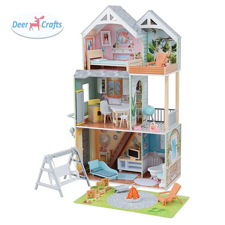 New hottest girls miniature dollhouse toys wooden princess doll house with garden DA06436