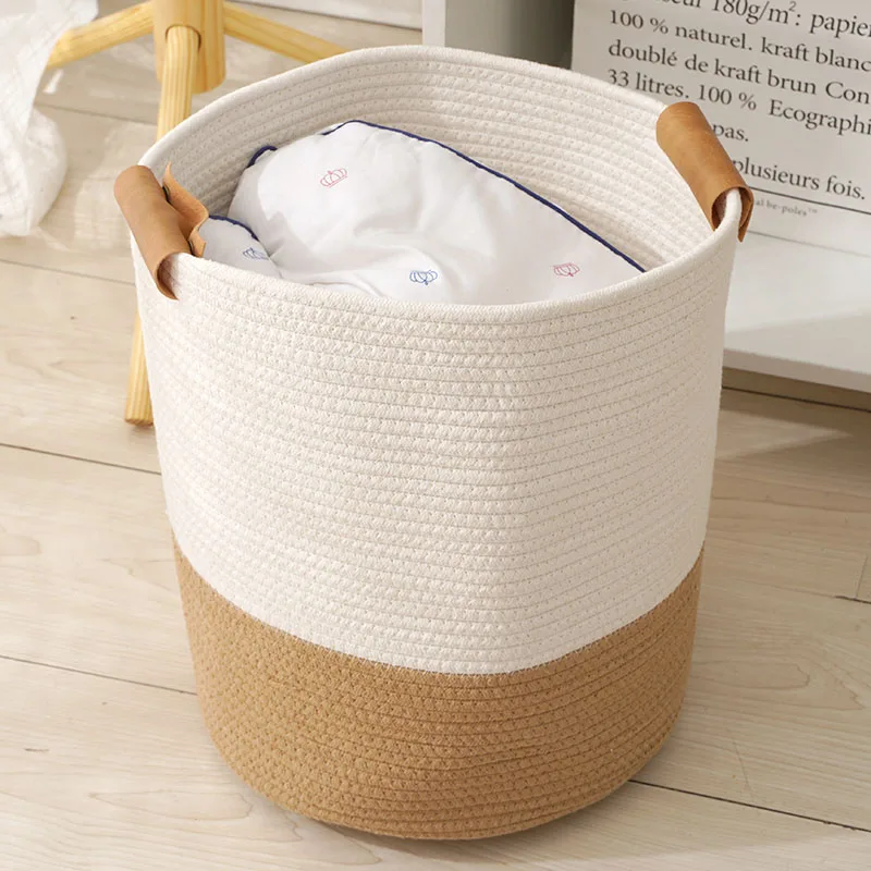 Leather Handle Large Cotton Rope Woven Laundry Basket Hot Color Collocation Capacity Storage Dirty Clothes