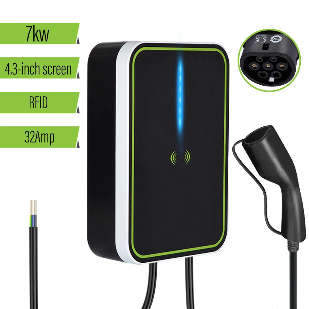 7KW RFID  32Amp Single Phase AC EV Charger IP65 Design Portable Wallbox EV Charger For Indoor Or Outdoor Use Home EV Charger