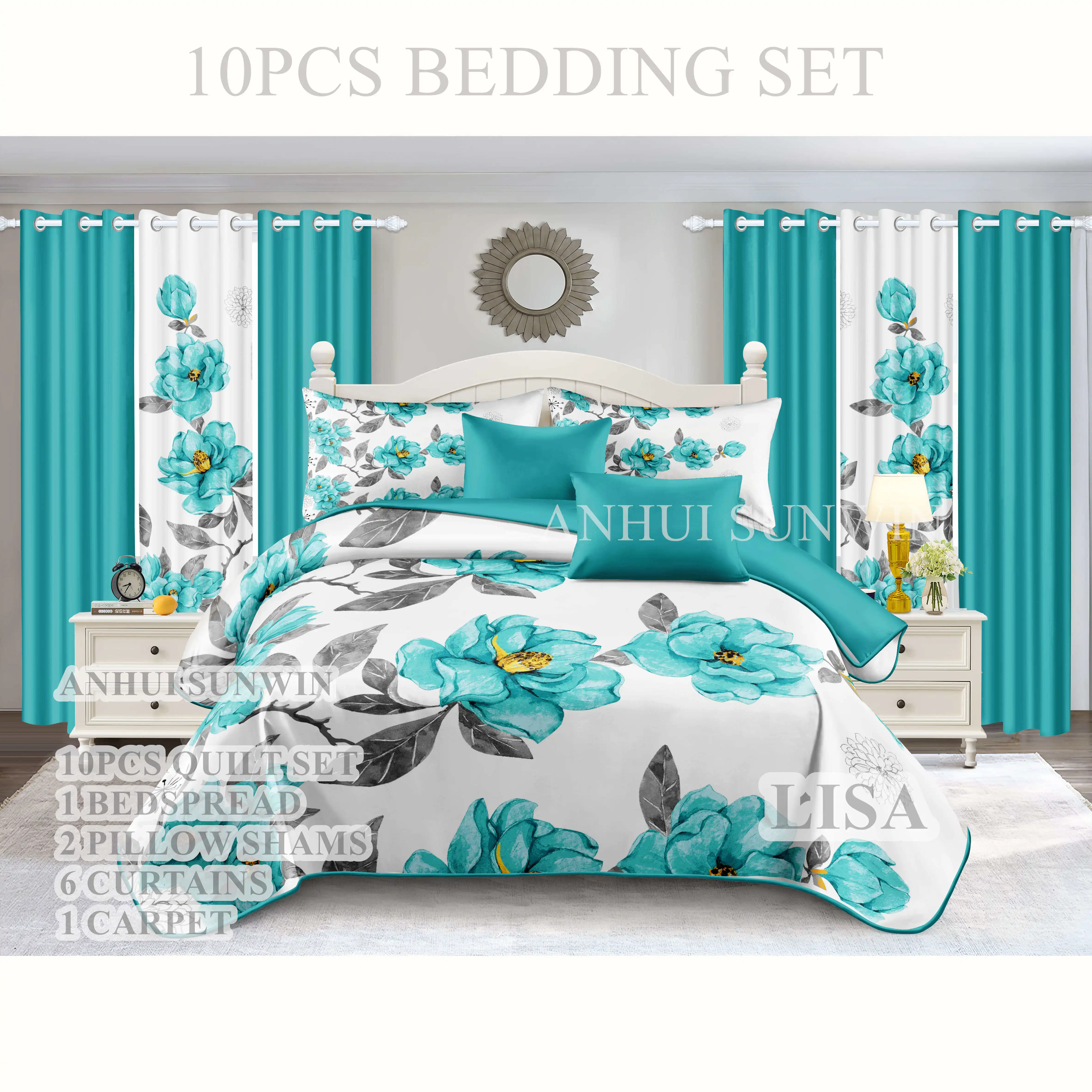 American Style King 6PCS Bedspread Set Polyester Wedding Red Flower Printed 10PCS Curtain Bedding Set