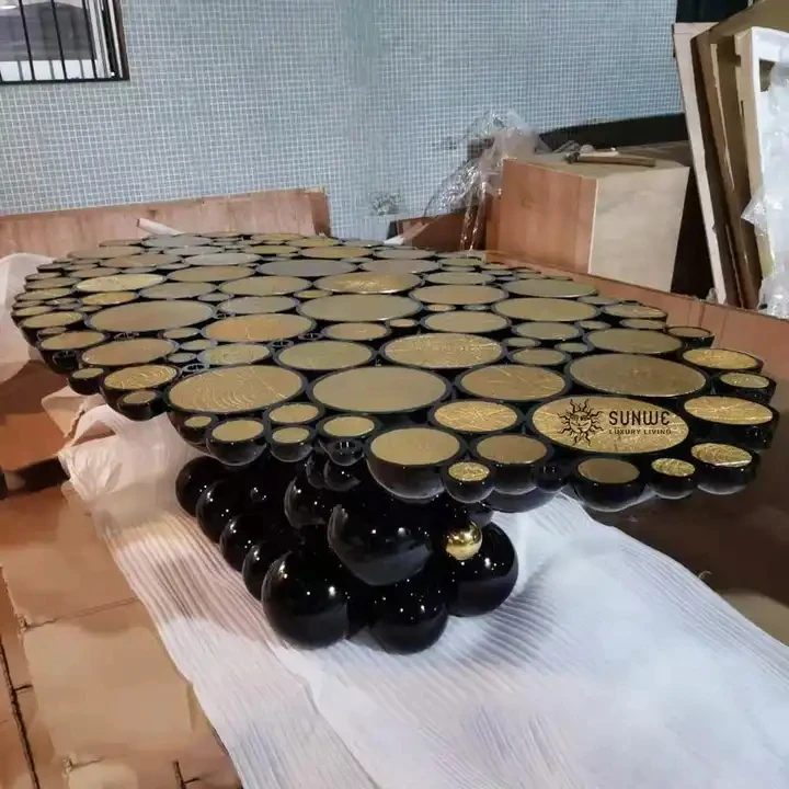 Luxury High quality Design Brass Stainless steel Oval black Creative bubble Gloss Wood Top Modern Dining room Charcuteria Table