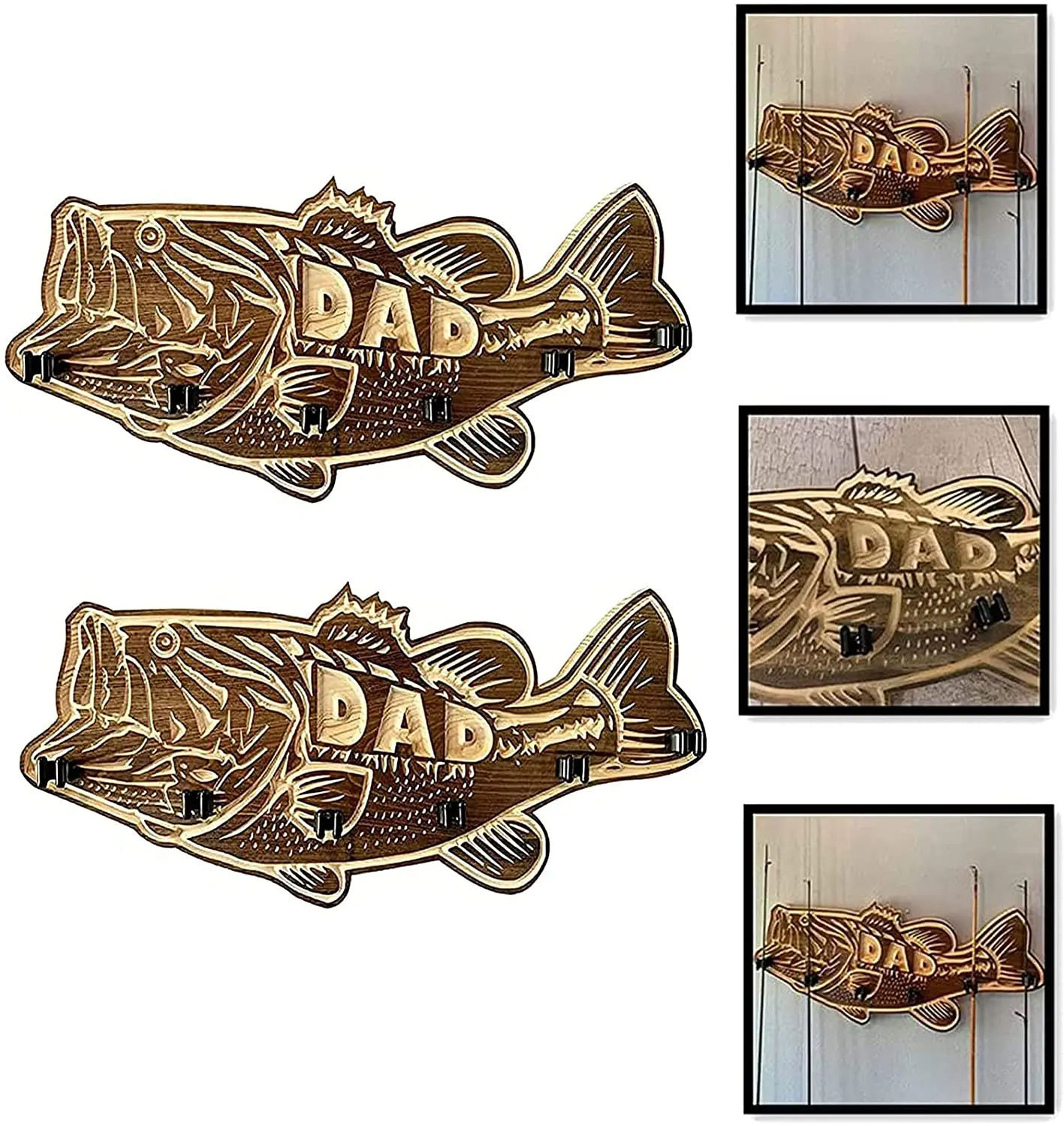 Wood Large Mouth Bass Fishing Pole Rack Storage Holder Fishing Rod Holder with 6 Rod Holder Wall Mounted Fishing Rod Rack