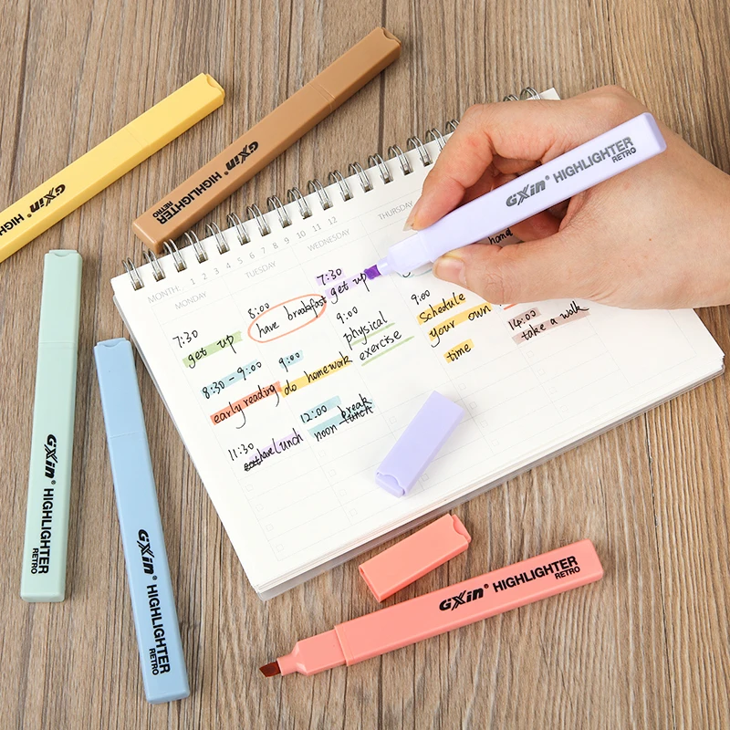 Gxin G-343 6pcs/set retro color highlighter marker pens set writing smoothly fluorescent pen factory price highlighters