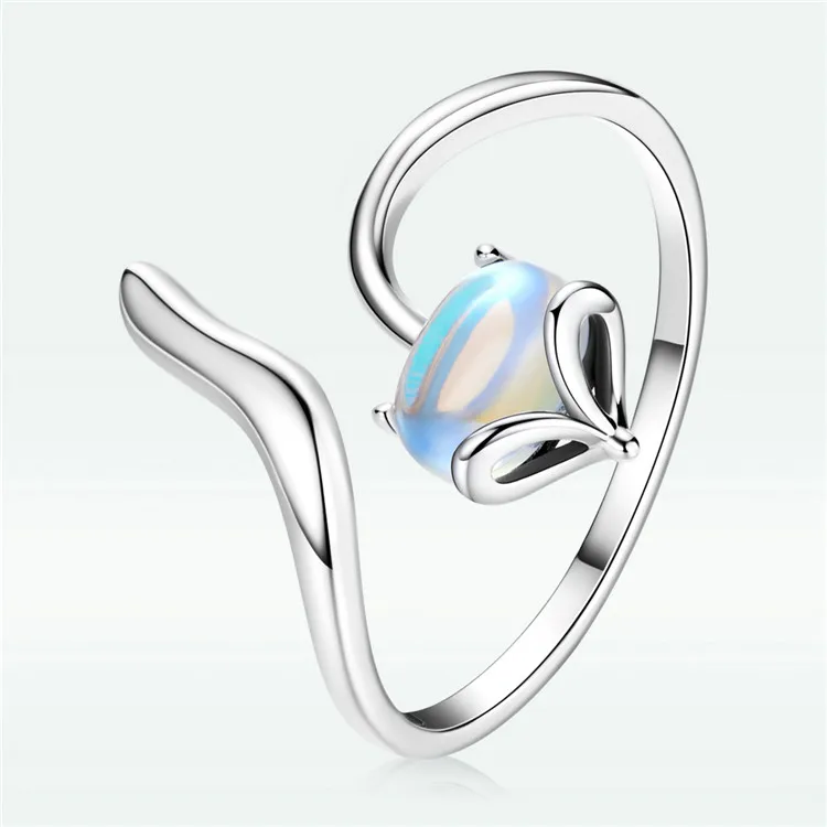 Qings Wholesale Dainty Adjustable Natural 925 Sterling Silver Fox Moonstone Ring
