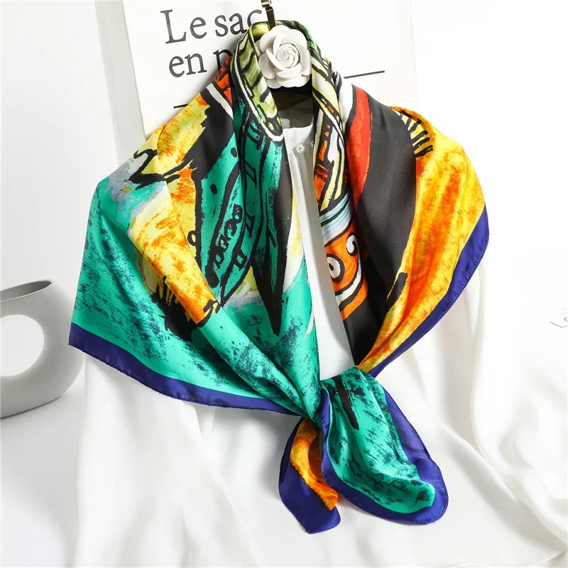 OEM Wholesale High Quality 100% Satin Silk Turkey Scarf Oil Painting Printed Graceful Ladies Party 90CM Hijabs
