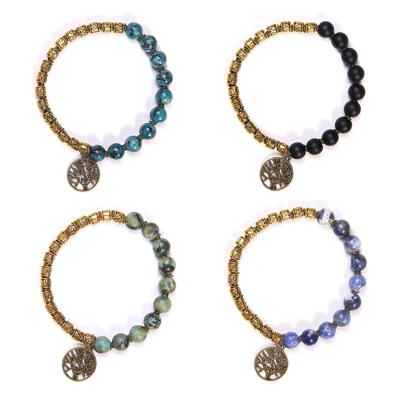 Alloy Life Tree Charm Bracelet 8MM Natural Stone Beads Bracelet Turquoise Black Agate Elastic Bracelet for Men and Women