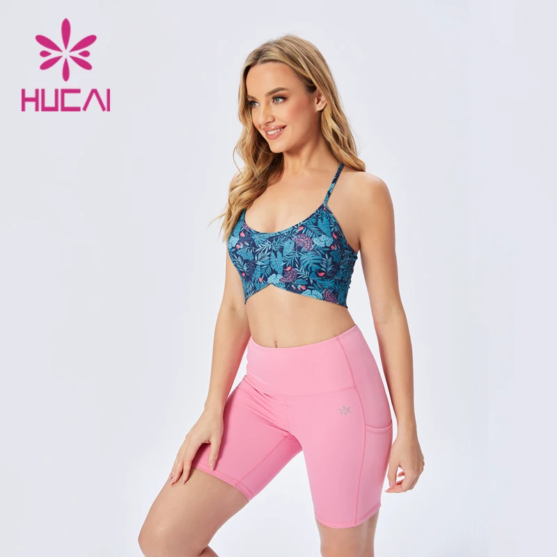 custom 2022 hot sell manufacture 2 pieces sublimation print pattern bra and yoga biker shorts set