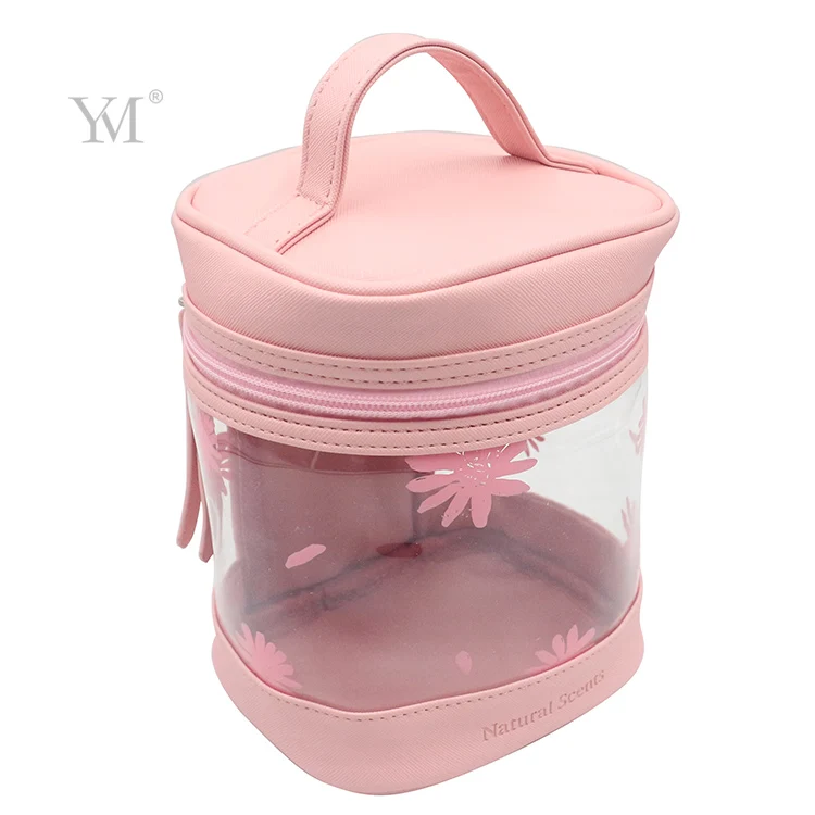 Multi purpose cosmetic bag pink personalized pvc private label clear makeup bag with handle