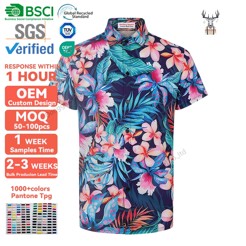 Nanteng Custom High Quality Resort 80%Polyester Floral Pattern Short Sleeve Turn Down Collar Sublimation Men Button Shirts