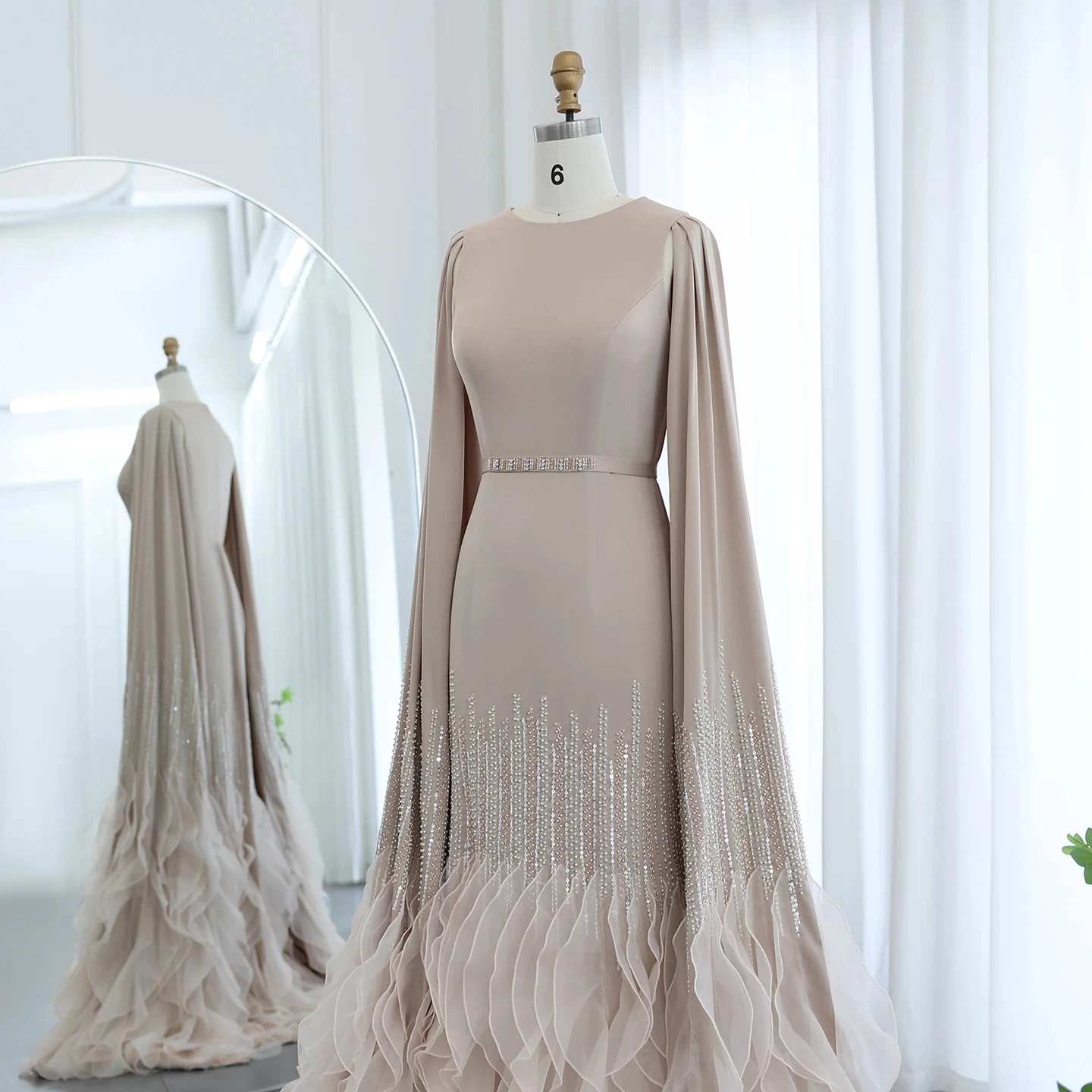 Luxury Dubai Mermaid Nude Evening Dresses with Cape Sleeves Tiered Ruffles Arabic Women Wedding Party Gowns SZ440-2