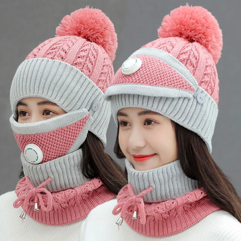 Shemax Knitted Hat Pompom Beanie Warm Scarf Anti Haze Face Cover,Winter Beanie Hat Scarf Set Warm Knit Hat Scarf Face Mask