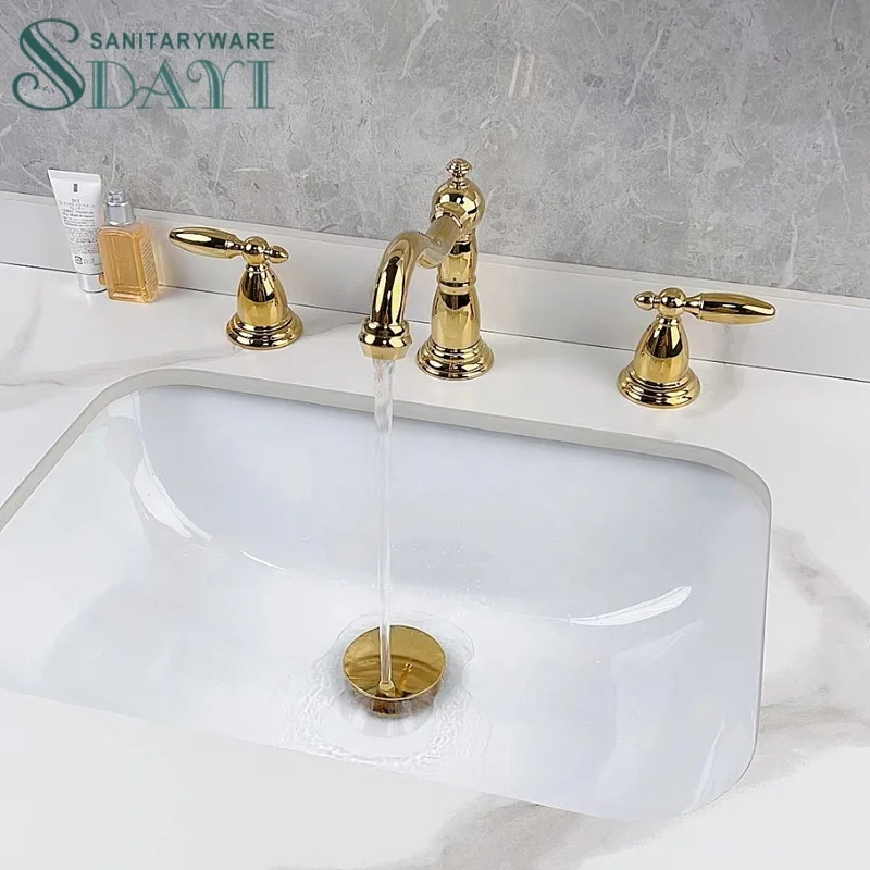 SDAYI Simple Deck Mounted Three Hole Dual Handle Washroom Sink Water Taps Brushed Gold Chrome Bathroom Basin Faucet
