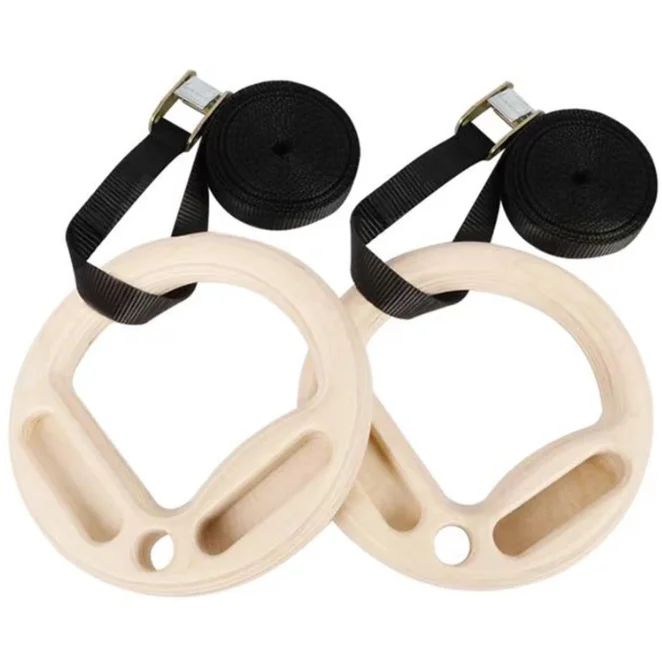 Finger Strength Fitness Wood Gymnastic Rings with Adjustable Straps