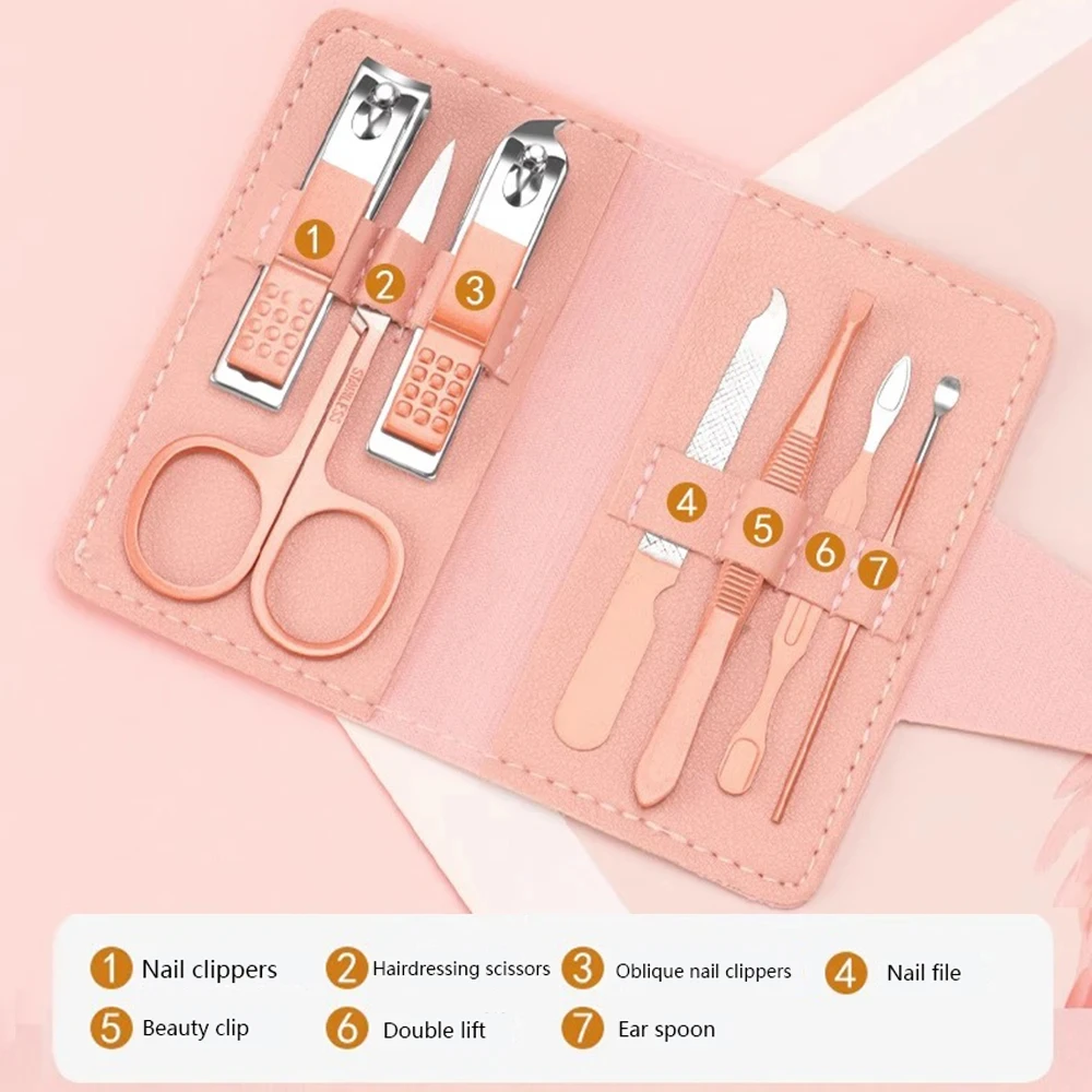 7 In 1 Rose Pink Nail Clipper Set Personal Nail Cutter Tools Travel Grooming Kit Manicure Pedicure Tools Kit