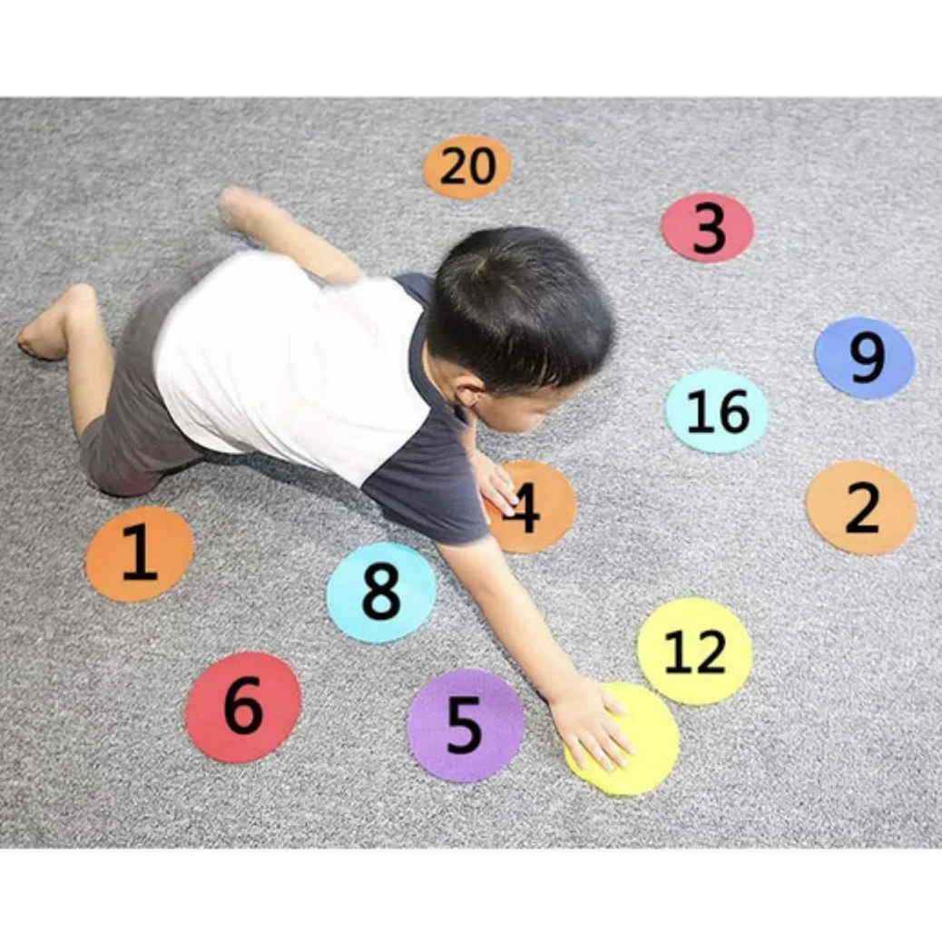Customized shaped own factory Digital early education Floor Spots Sit Markers 6 inch Hook Loop for Carpet