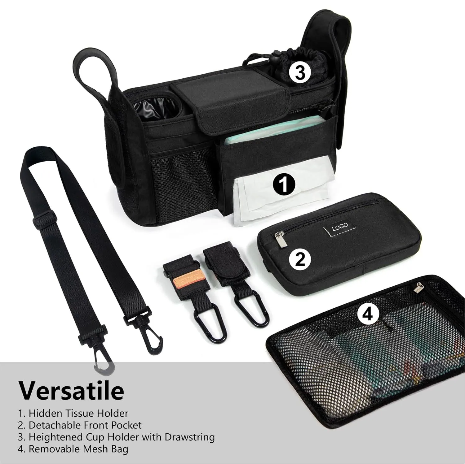 Universal Stroller Organizer with Cup Holder Detachable Phone Bag and Shoulder Strap, Stroller Caddy Fits for Stroller