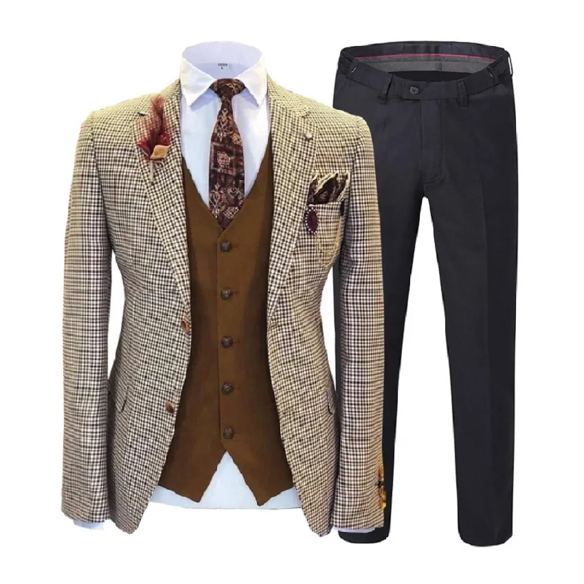 Custom Slim Fit Tweed Wool Business Plaid Design Wedding Groom 3 Piece Suits Set For Men