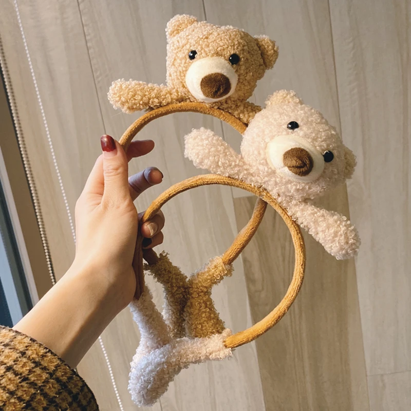 
Cute cartoon bear hair band small doll head band plush fluffy faux fur head hoop brown hair accessories Customized acc 