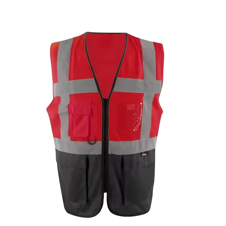 Customized High Visibility Pockets Red Safety Vest Wholesale Color Contrast PVC ID Card Pocket Safety Vest