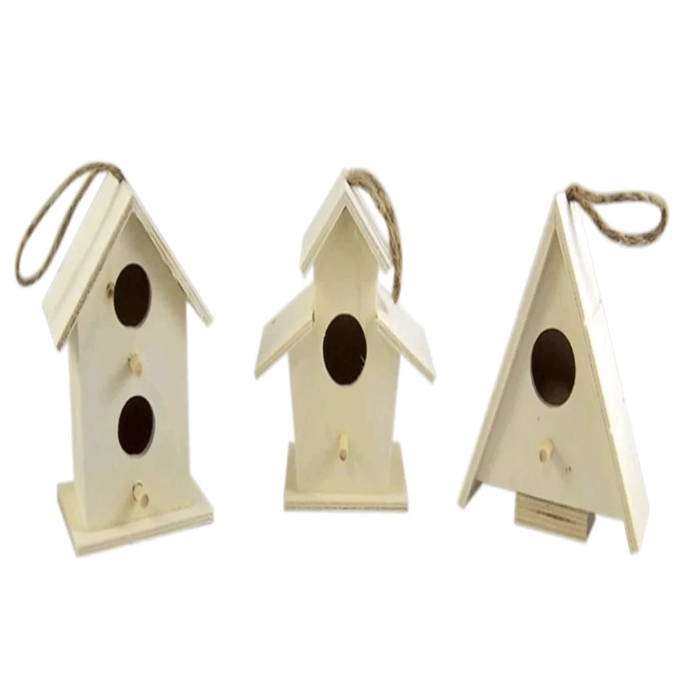 Set of 3 unfinished garden decoration natural solid wood kids DIY toy factory wholesale bird house kids