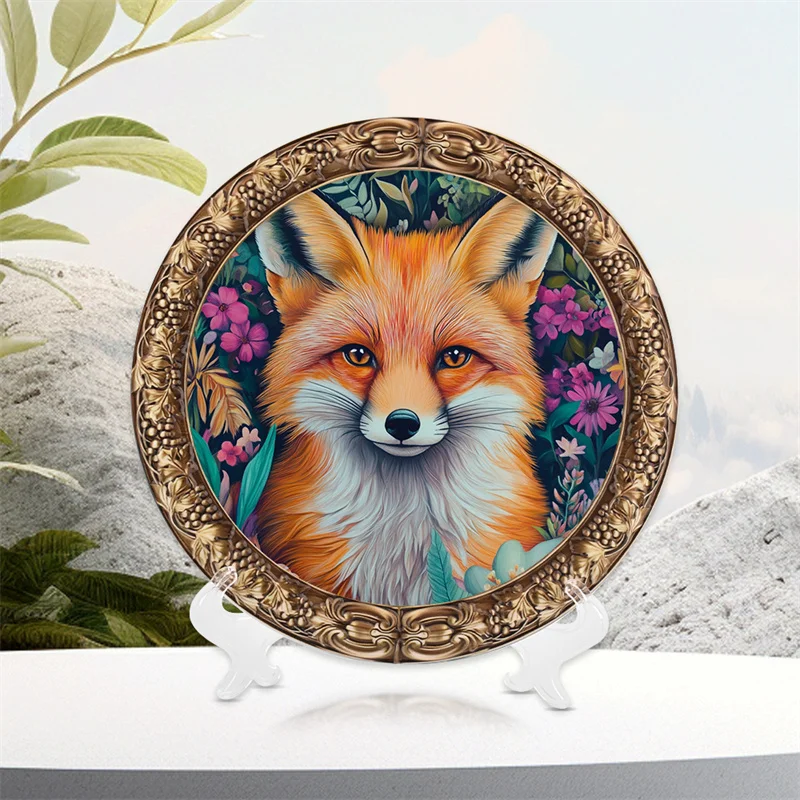 New Design High Quality Delicate Beautiful Fox Painting Colorful Animal Drawing Resin Disc Art Crafts Plate