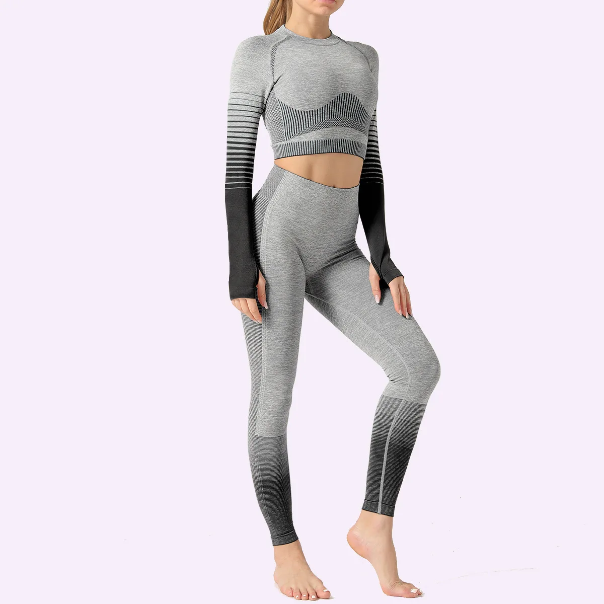
 8 Colors Women Bodybuilding Seamless Stripe Two Piece Suit Workout Gym Fitness Long Sleeve 2 Pieces Suits Yoga Set Multicolour  