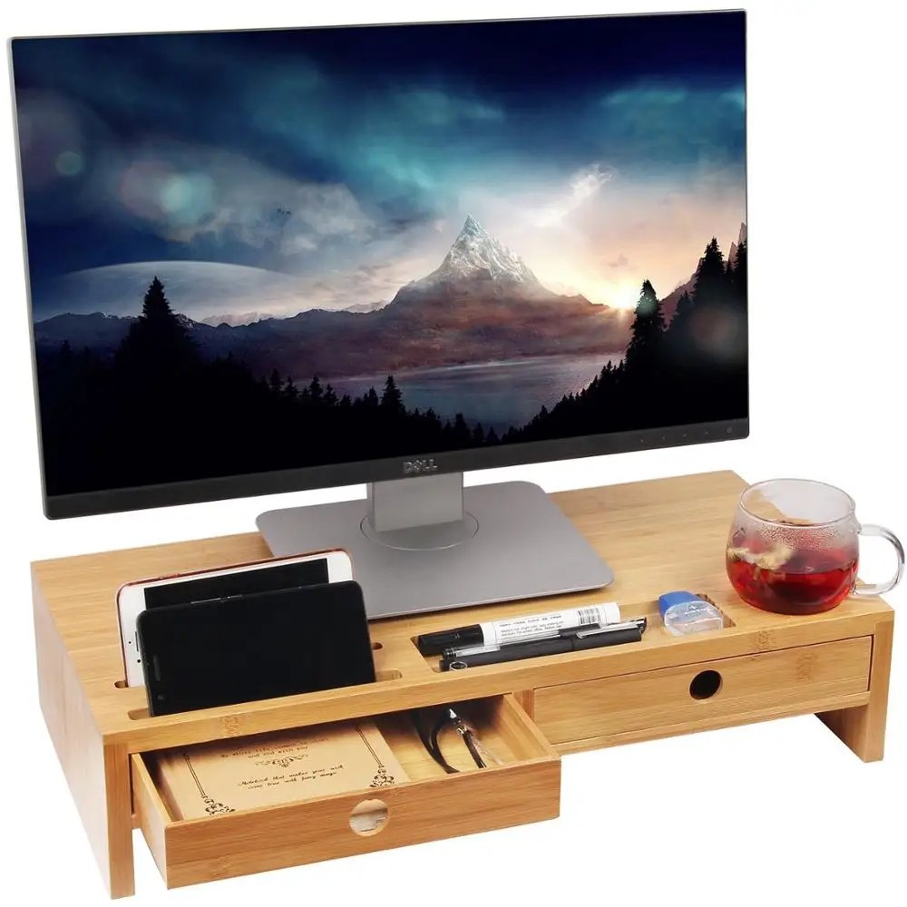 Sample Avaliable Wholesale Multifunction Desktop Storage Organizer Adjustable Bamboo Monitor Stand With Drawer